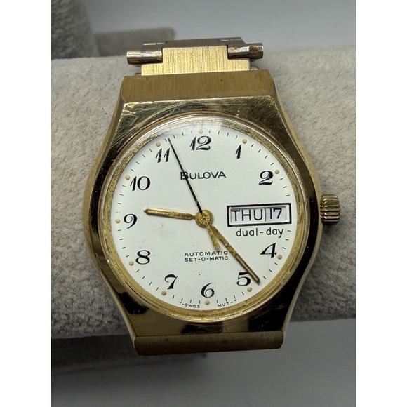 Bulova Other - Bulova‎ Set-O-Matic Dual-Day Automatic Mens Watch 34MM 7" 1977 Working Gold Tone